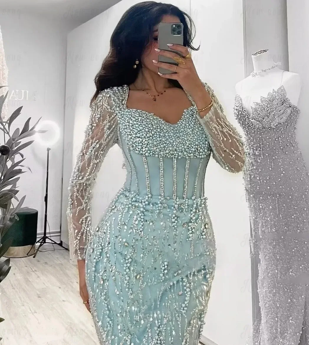 Customized Luxury Mint Green Mermaid Prom Dresses Shiny Pearls Crystal Sequins Lace Evening Party Gowns Pageant Robe De Soriee image 3