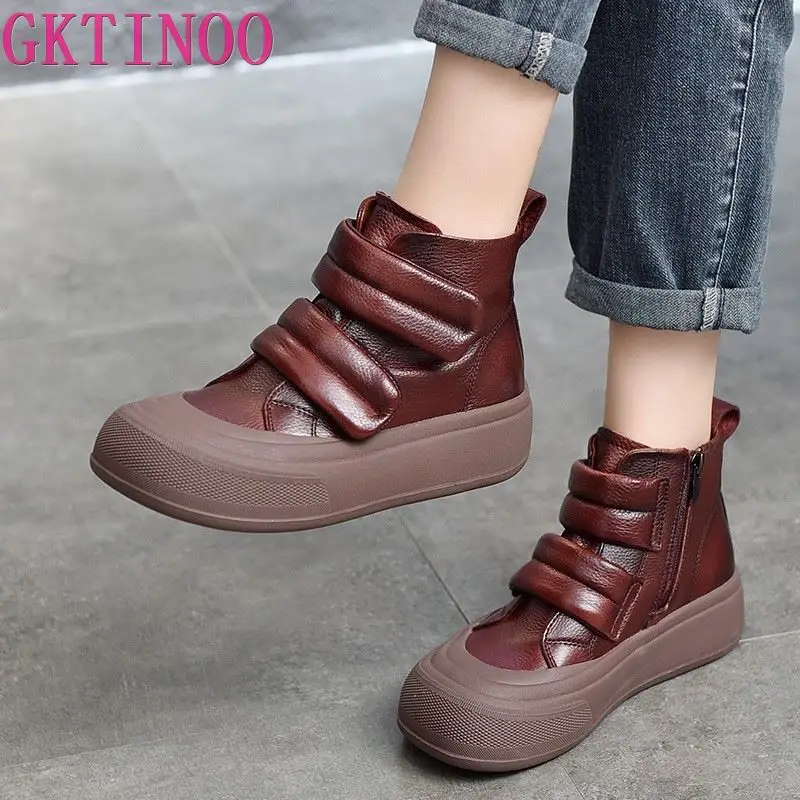 

GKTINOO 2023 New Genuine Leather Short Boots Women Autumn Winter Handmade Side Zipper Retro Thick Soled Shoes