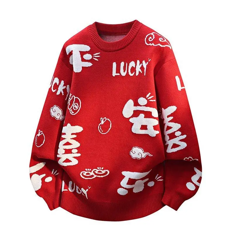 

Новый мужской вязаный свитер 2025 года, зимняя одежда для пар, красный трикотаж для подростков и молодежи, теплый и повседневный стиль