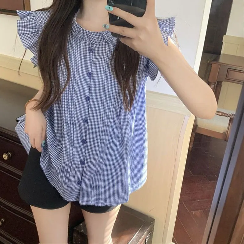 

Stylish Flying Sleeve Ruffles Blouse Summer Plaid Patchwork Women's Clothing Round Neck Sweet Loose Korean Casual Folds Shirts