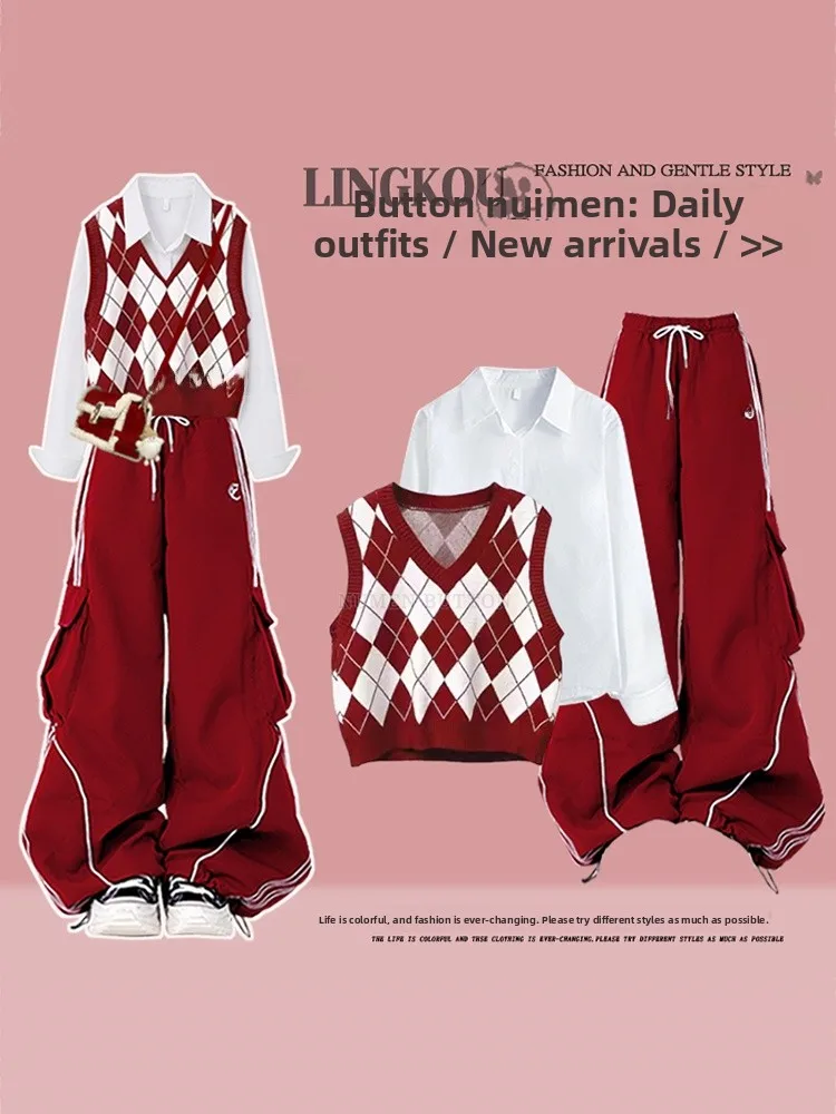 

Red Christmas Sweater Vest Shirt Three-Piece Set Women's Fashion Slimming Workwear Pants High Waist Long Sleeve Autumn Winter