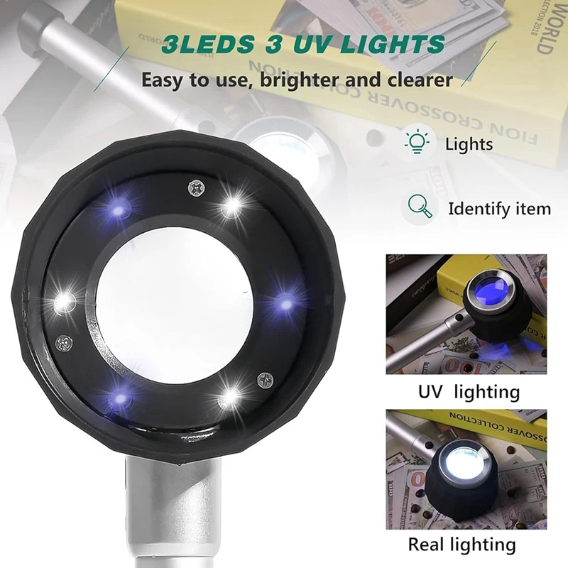 45X Magnifying Glass Magnifier LED Light Jewelry Magnifier Lens With Measuring Scale Optical For Close Work Coin Jewelry