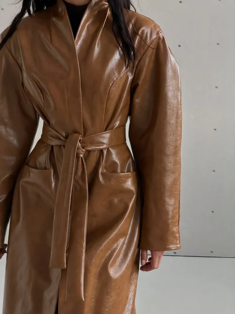 Women Solid V Neck Waist Lace Up Long Faux Leather Trench Coat Full Sleeve Back Split Jacket 2026 Fashion Female Street Outfits