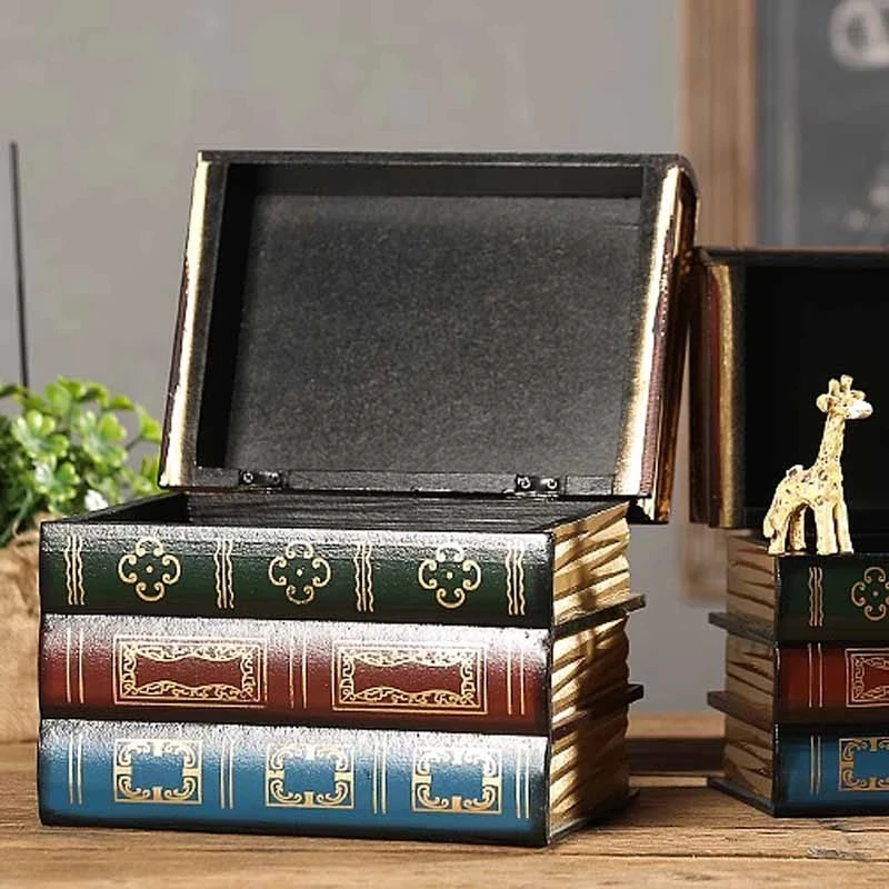 Vintage Hidden Safe Retro Organizer Fake Book Secret Storage Box Wooden Cosmetic Jewelry Case Home Office Books Shelf Decorative