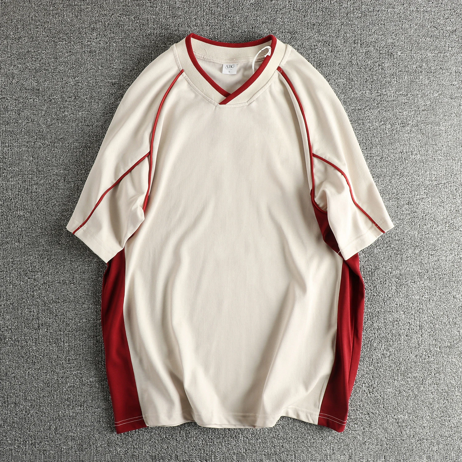 

American personalized V-neck short-sleeved T-shirt heavyweight contrasting color retro men's half-sleeved