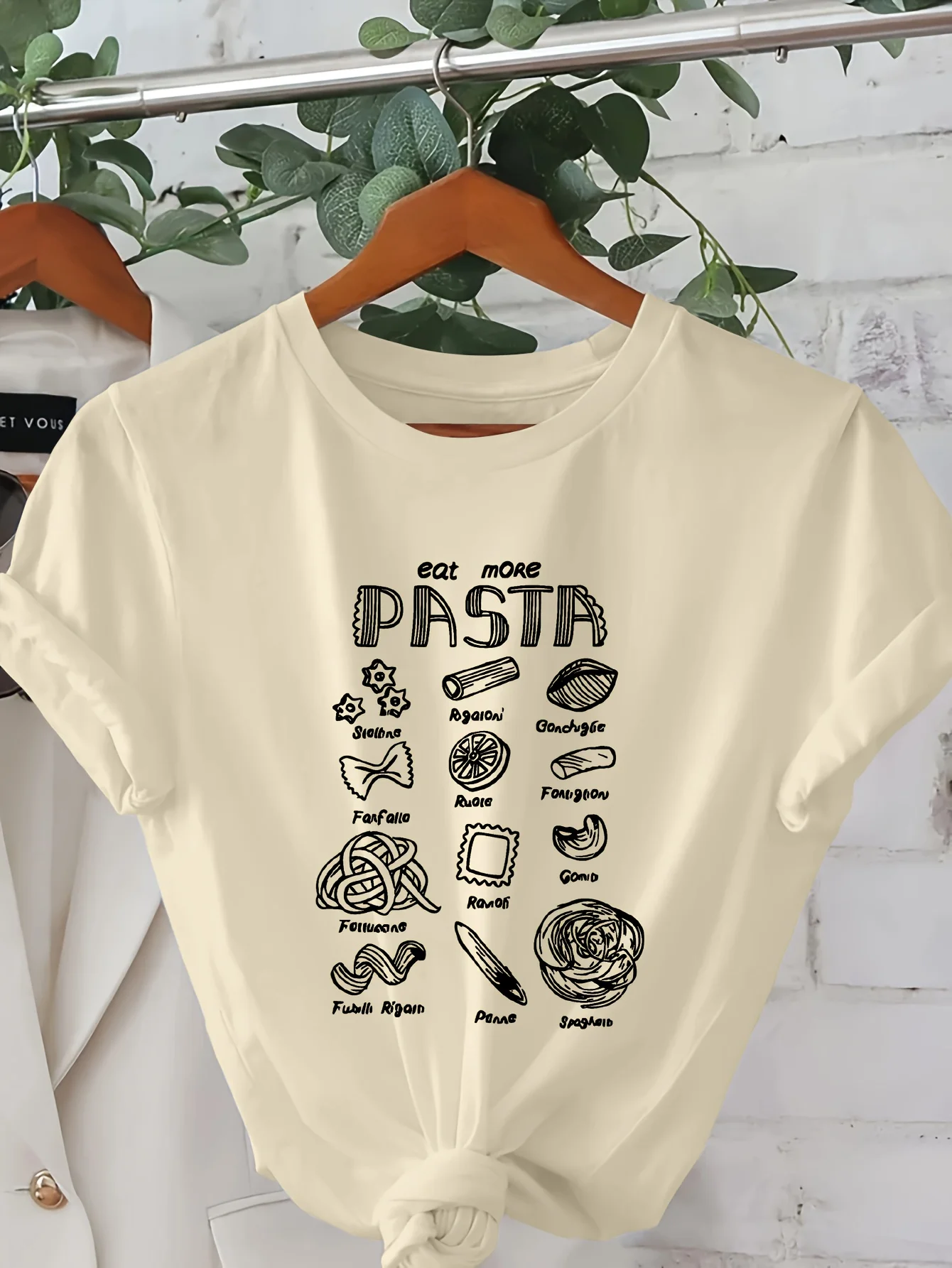 

Eat More Pasta Graphic Print T-Shirt Casual Crew Neck Short Sleeve Top Breathable for Spring & Summer Cotton Vintage Women Shirt