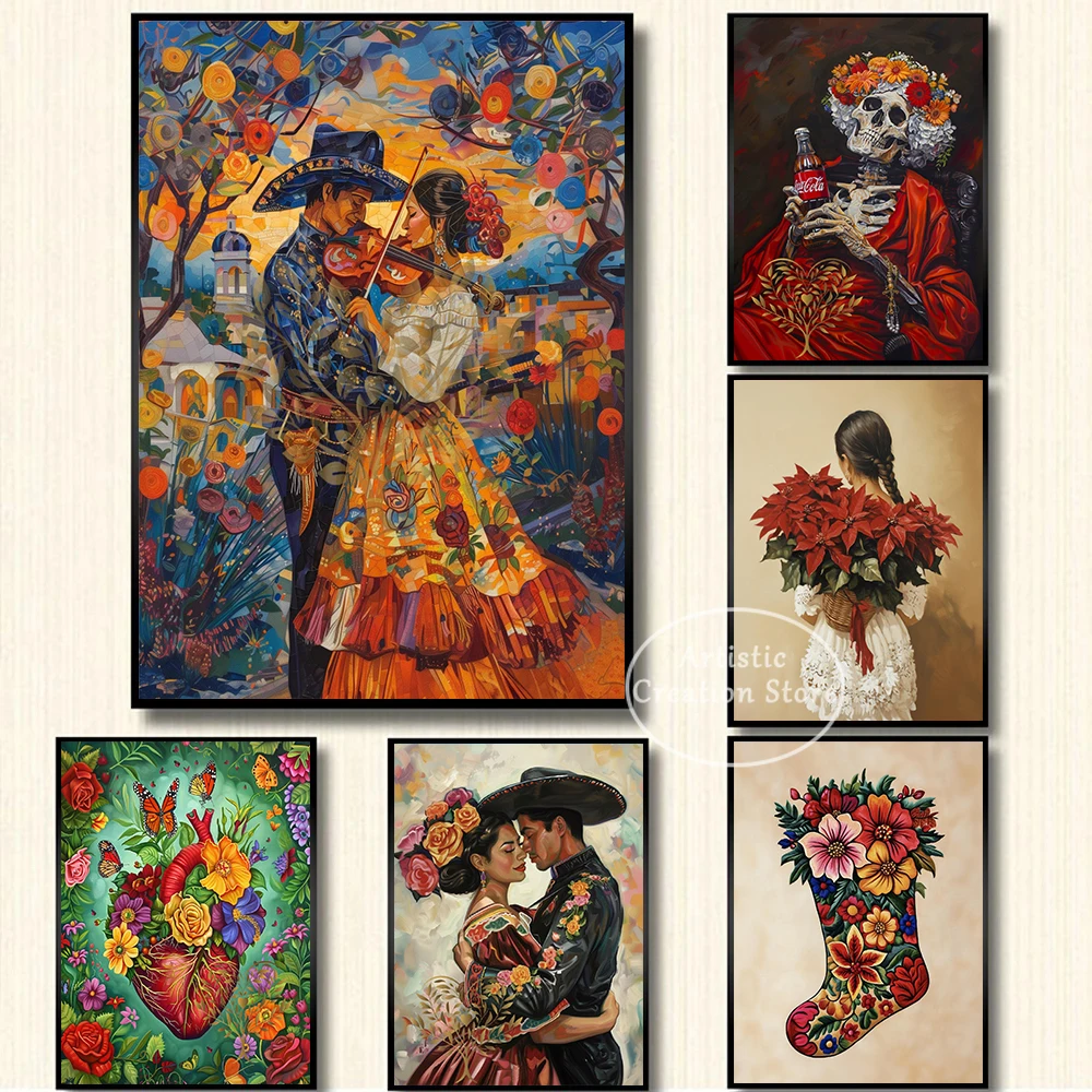 Mexico Christmas Blooming Heart Day of the Dead Floral Skull Dancing Couple Poster Canvas Painting Wall Art Pictures Home Decor