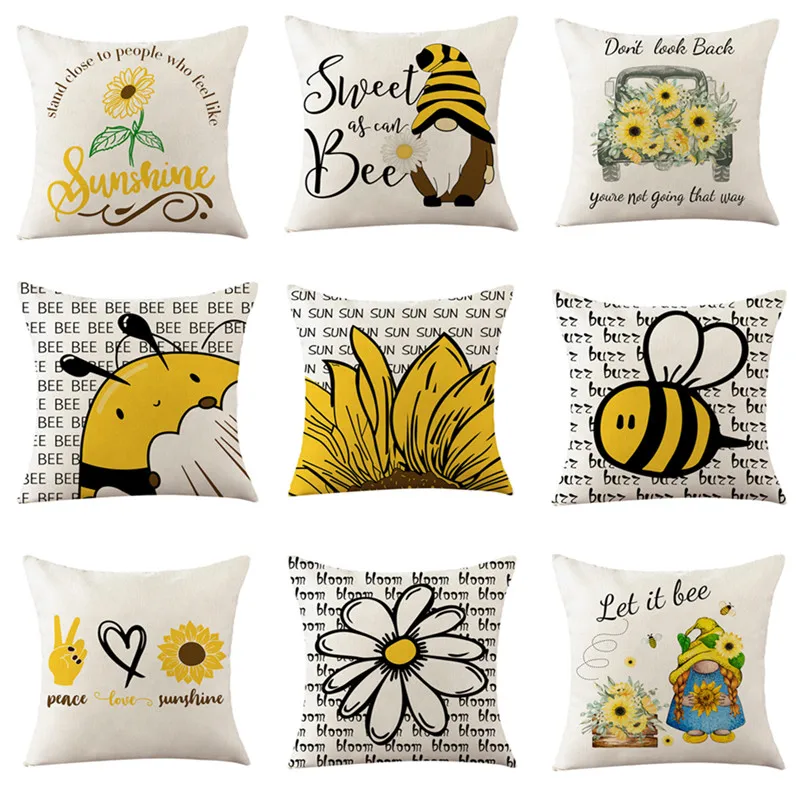 

45x45cm Bee Sunflower Pillowcase Spring Cotton Linen Home Living Room Sofa Decoration Cushion Cover