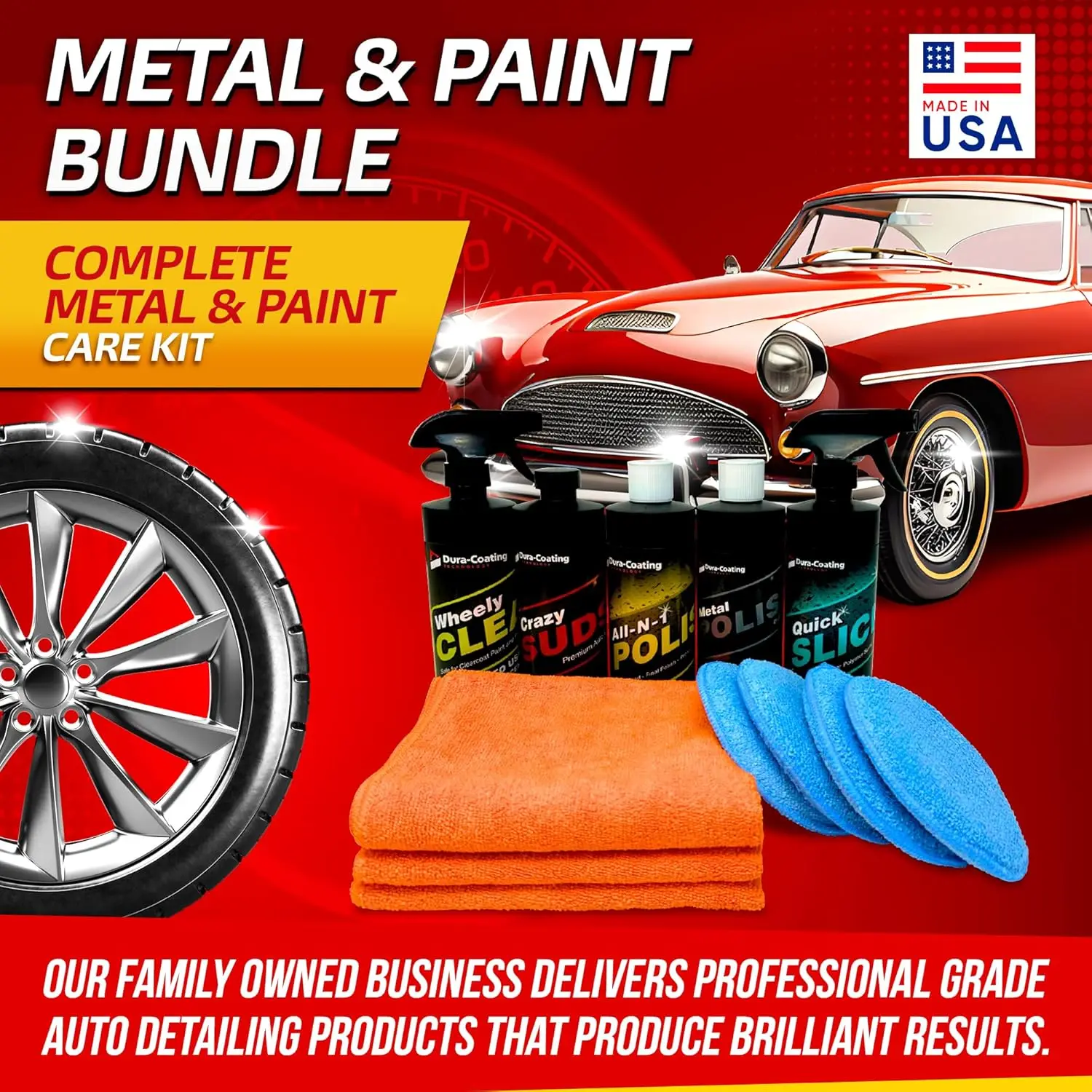 Paint Bundle - Blue Premium Metal Polish, All-N-1 Car Polish, Crazy Suds Auto Wash, Wheely Clean Spray, and Quick Slick Polymer