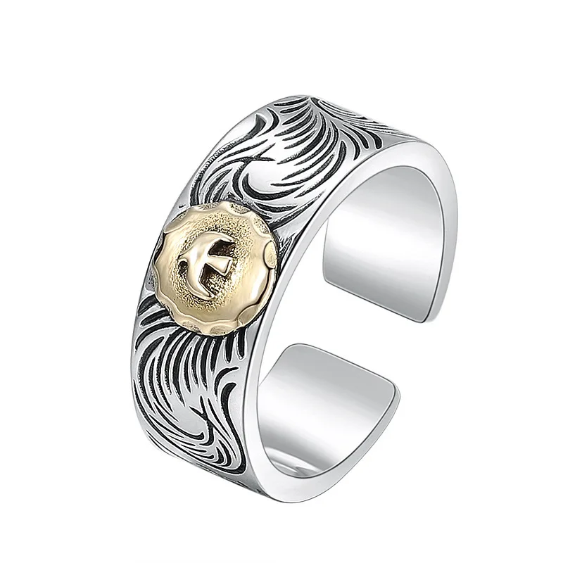 WholeSale S925 Sterling Silver jewelry thai Silver faShion men'S perSonalized tangca pattern ring Small eagle open ring view 5
