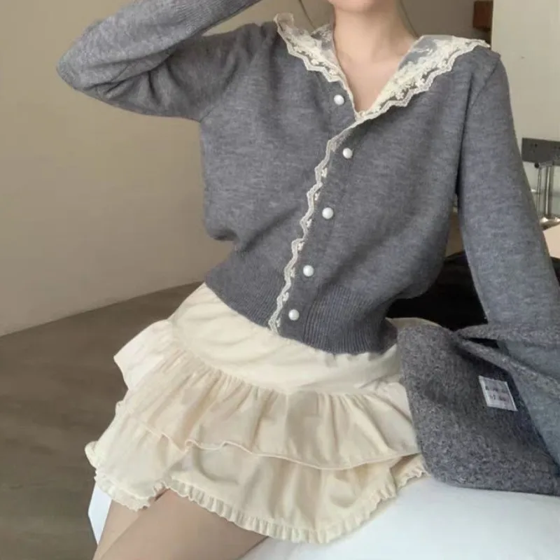 

Женский корейский шикарный свободный кружевной открытый кардиган с капюшоном и пуговицами, мягкий тонкий весенне-осенний топ, женский вязаный свитер