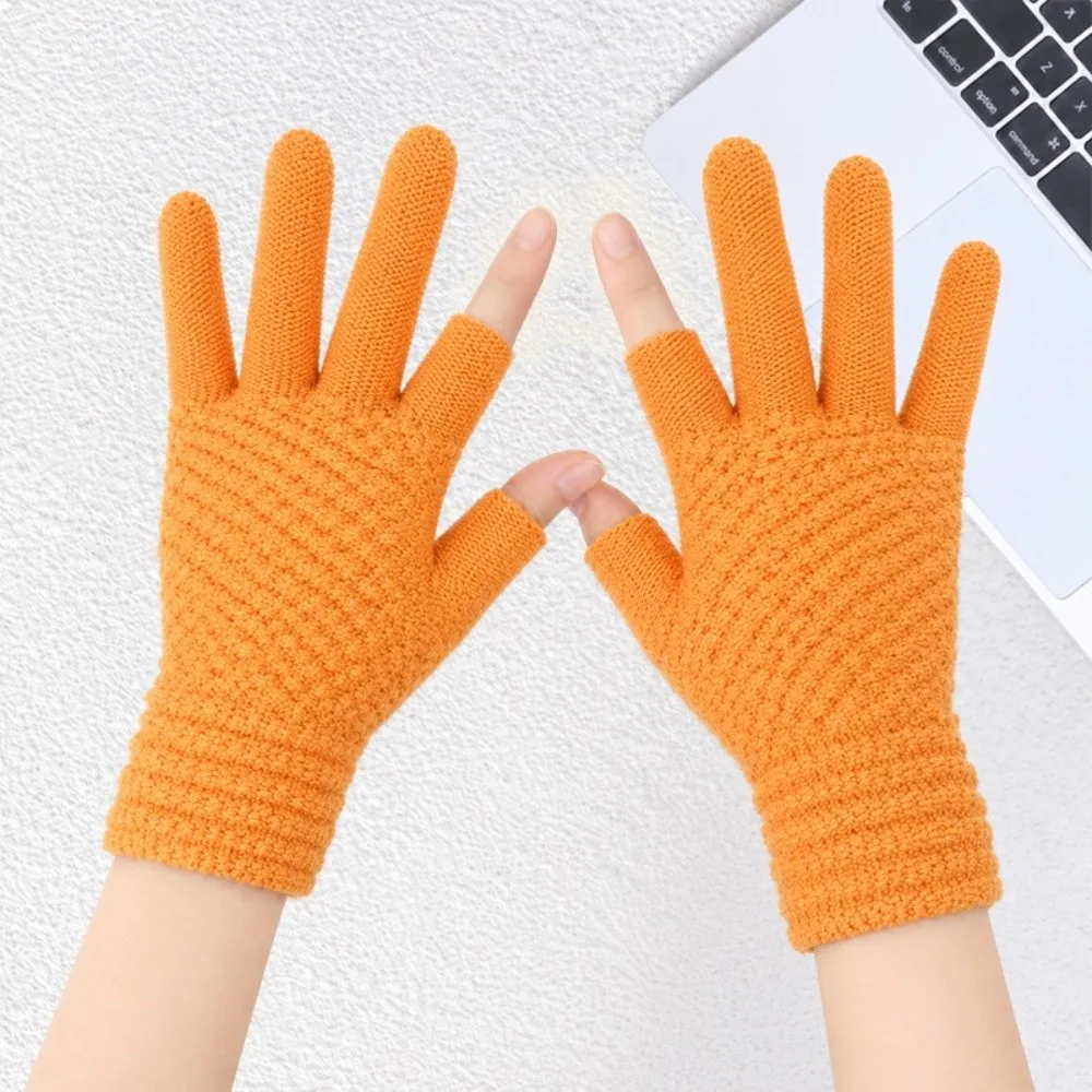 New Warm Winter Knitted Gloves Elastic Thickened Touch Screen Gloves Two-Finger Windproof Cycling Gloves Women
