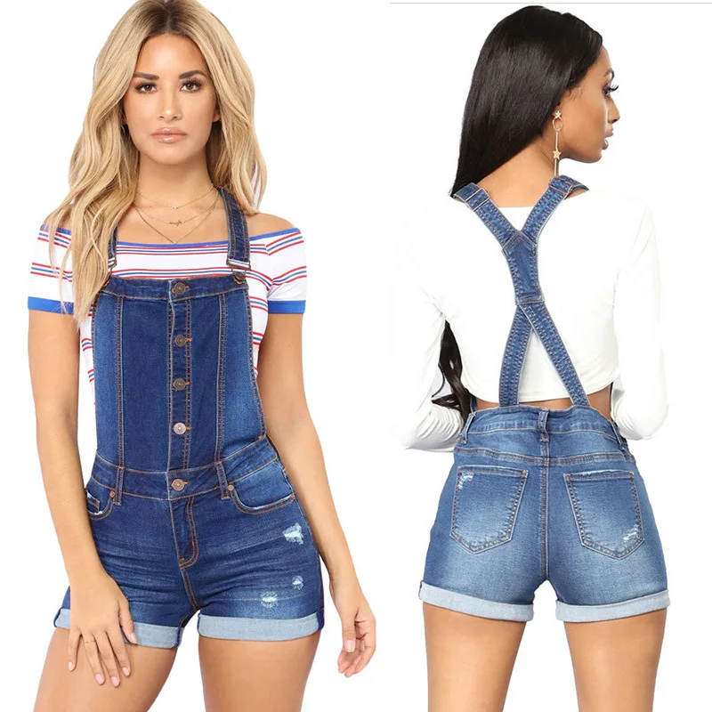 

Trendy Women's Blue Denim Overall Shorts Button Front and Cuffed Hem Casual Versatile Mini Jean Shorts Perfect for Fashion Look
