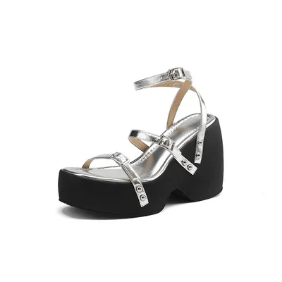 Roman Style Rivet One Line Wedge Sandal with Open Toe New Original Title Platform Height Waterproof Platform Women's Sandal