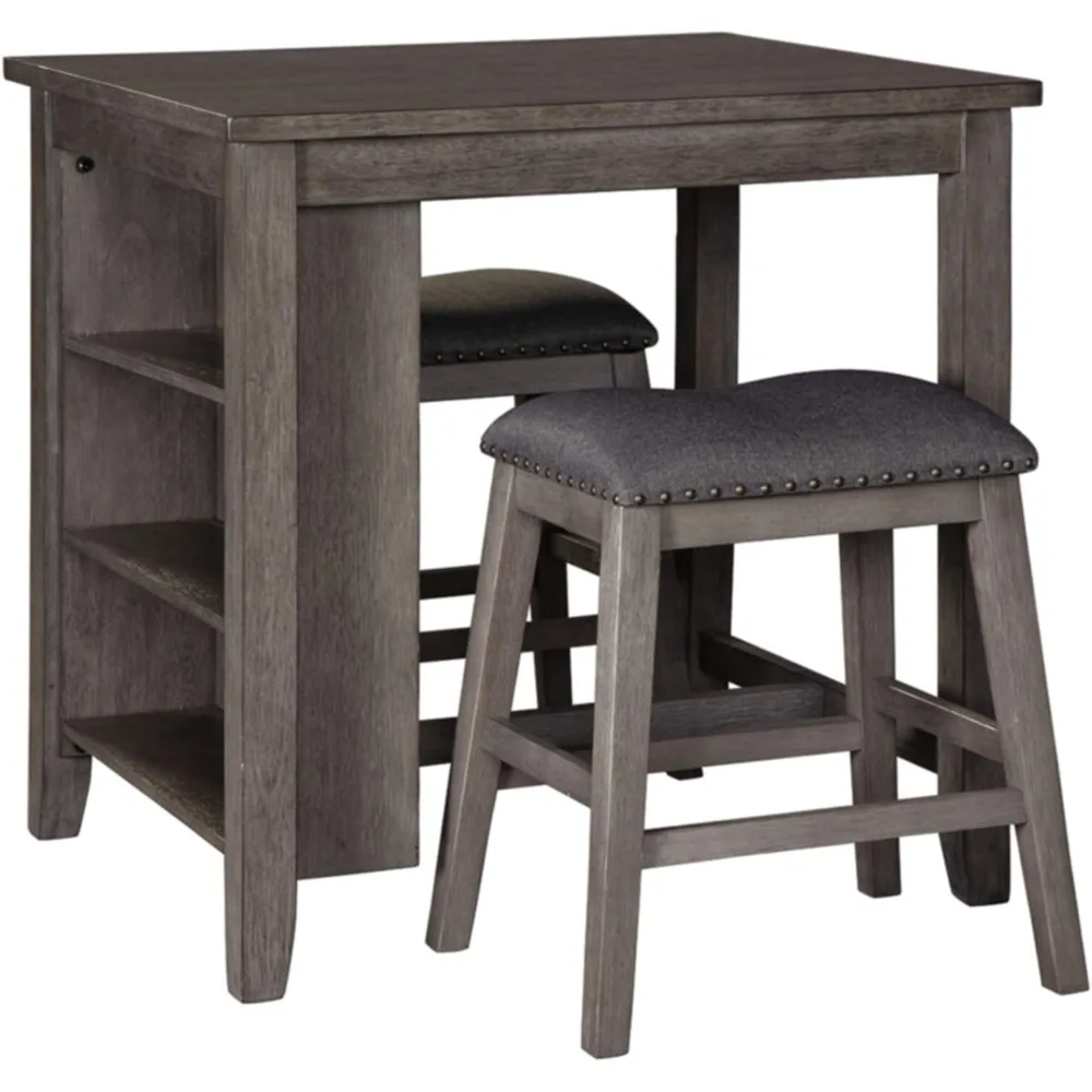 

25" Counter Height Dining Room Table Set with 2 Saddle Barstools & Storage, Gray