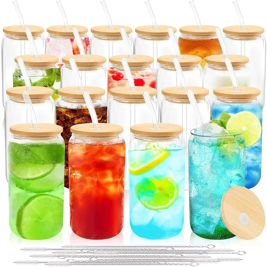 

20Piece Reusable 16 oz Glass Cups with Bamboo Lids and Straws for Iced Coffee Beer Smoothie Whiskey Boba Soda and Tea EcoFriend