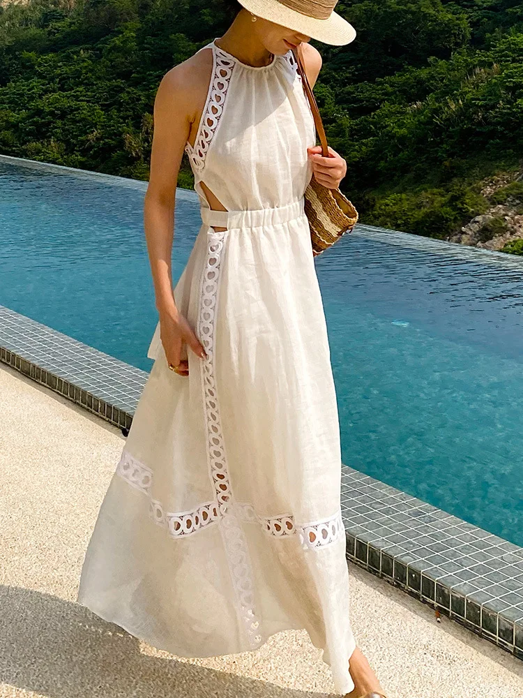 GypsyLady Elegant Summer Chic Maxi Dresse Halter Cotton Hollow Out Sleeveless Sexy Summer Women Vocation Casual Ladies Dress New