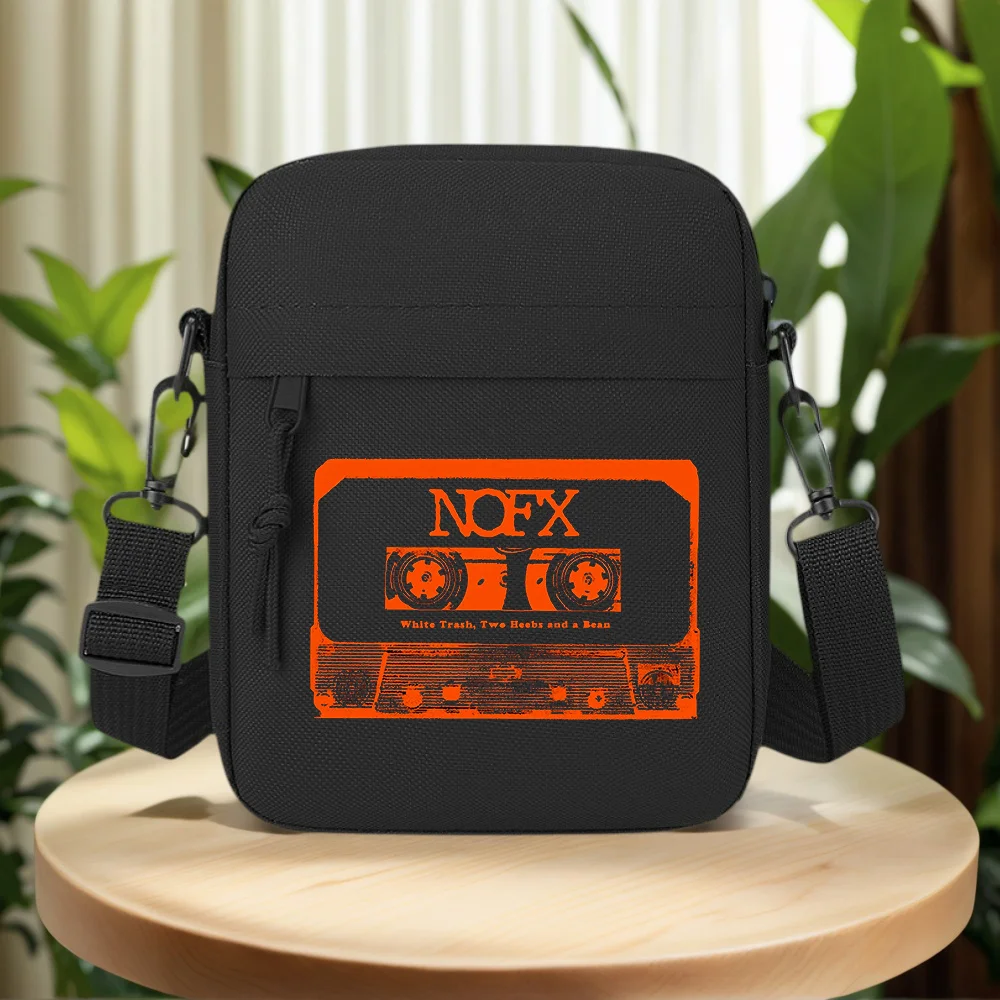Tape cassette style design,words,NOFX Men Crossbody Bag Single Shoulder Women Cartoon Anime Film Printing Design Unisex