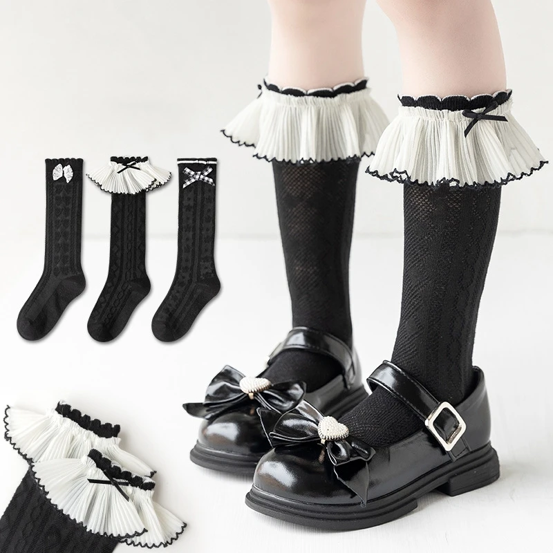 Spring Summer Baby Children Girl Cute Lace Socks Black White Color Mesh Breathable School Uniform Sock Knee High Long Kids Socks