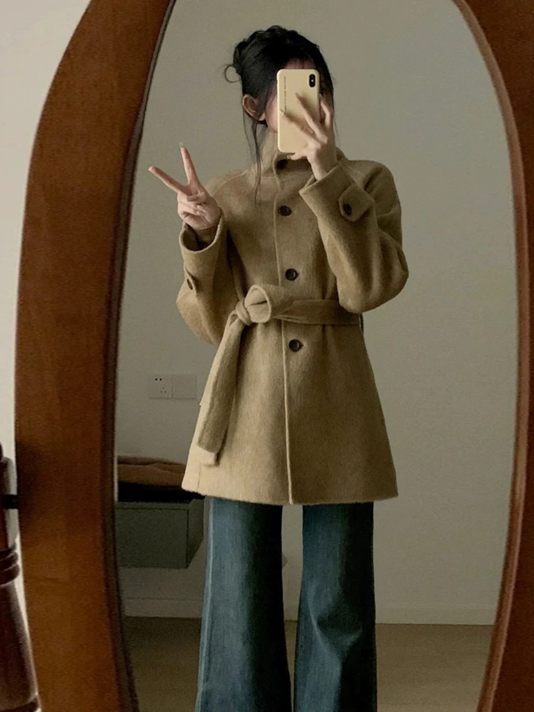 

Double-Sided Camere ort Coat Women's Hepburn Sle Autumn Winter New Arrival Korean Version Loose Fit Button Detail