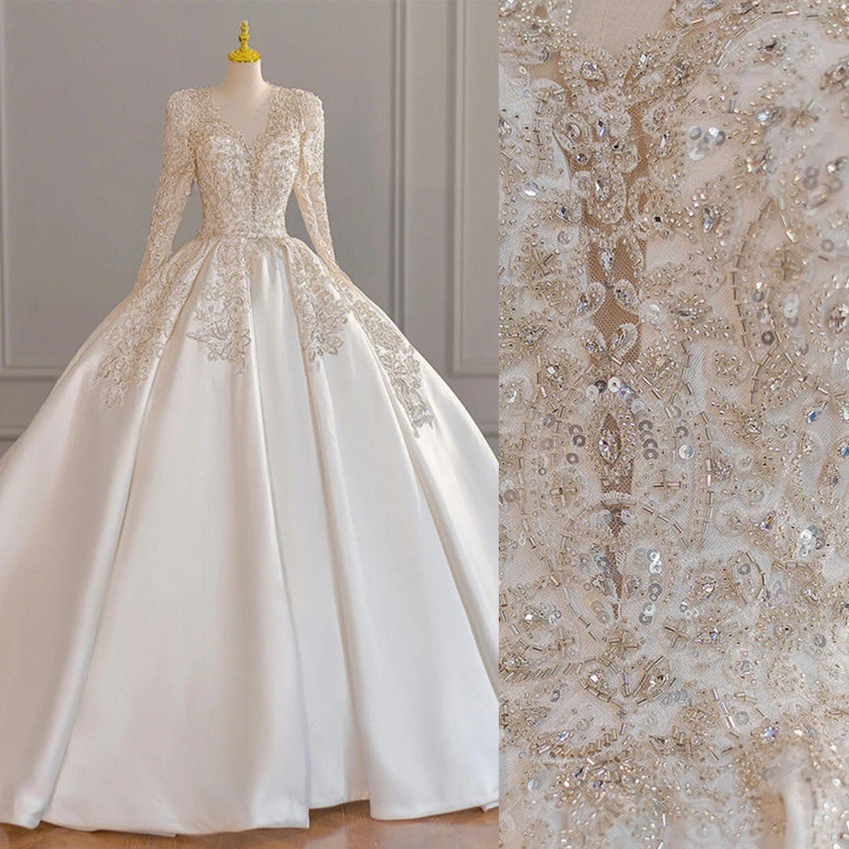 Elegant A-Line Wedding Dress For Women Sequins Long Sleeves Bridal Gown V-Neck Skirt Sweep Train Dresses Custom Made