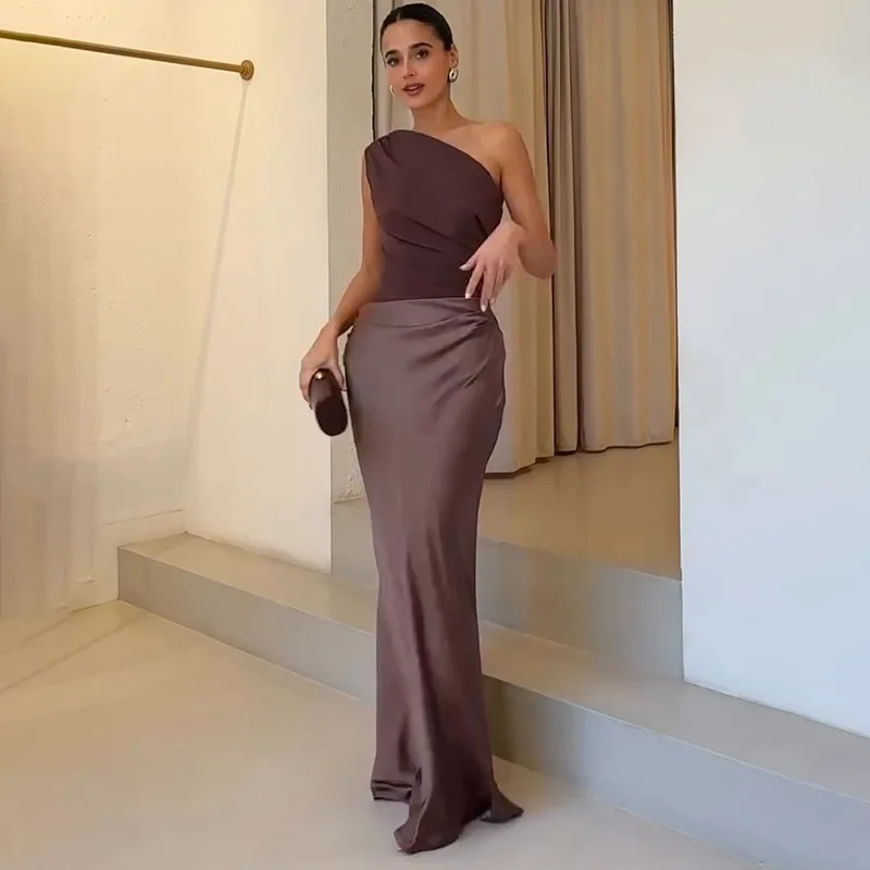 Elegant One-Shoulder Patchwork Satin Maxi Dress Women Sleeveless Ruched Slim Long Dresses 2026 Wedding Guest Evening Party Robes