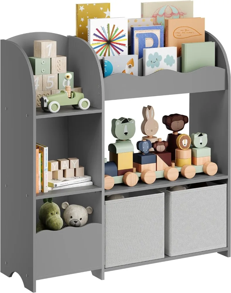 

SONGMICS Toy and Book Organizer for Kids, Kids Bookshelf and Toy Storage, Storage Organizer with 2 Storage Boxes, for Playroom