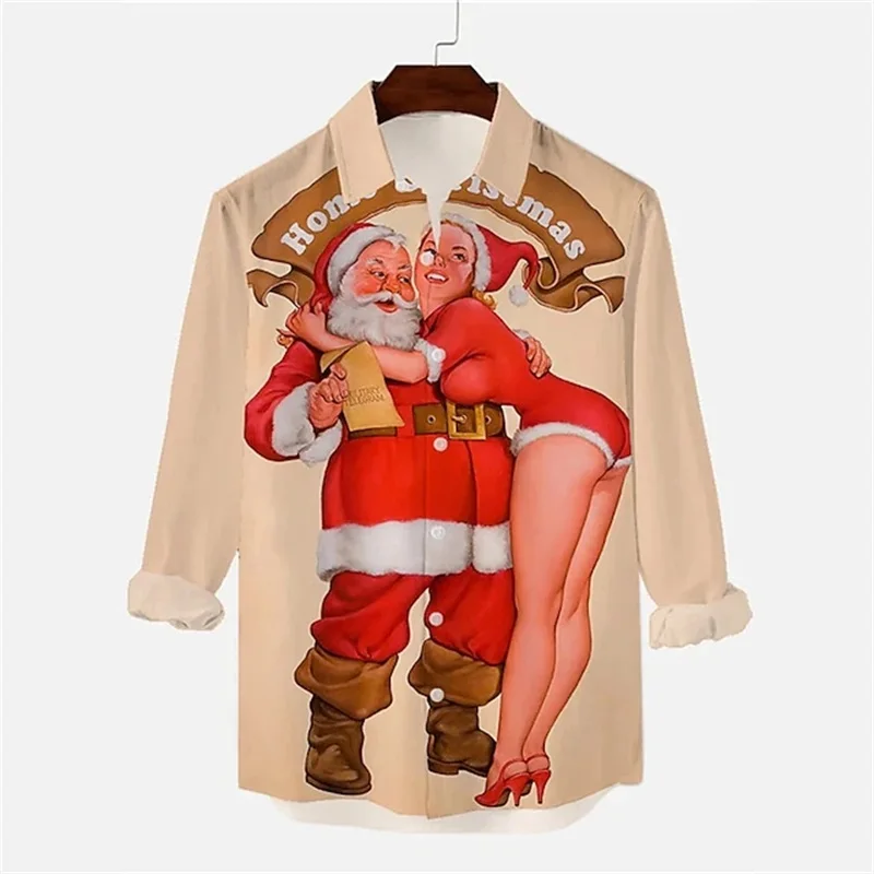 Christmas Shirts For Men 3D Print Santa Claus Graphic Ugly Christmas Long Sleeve Button Down Shirts Blouse Turndown Tee Shirt