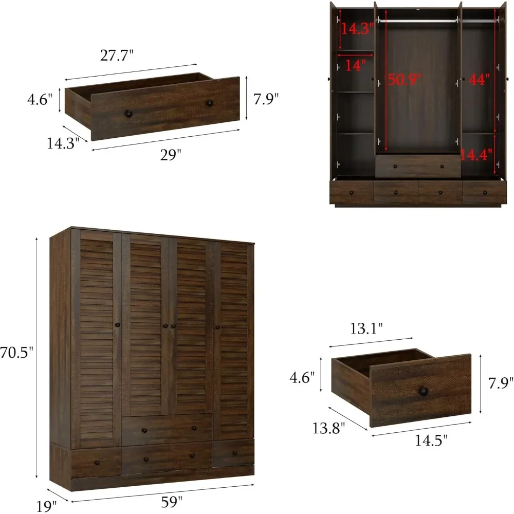 Wardrobe Armoire Closet with 4 Louvered Doors & 5 Drawers, Bedroom Armoire with Hanging Rods & Shelves