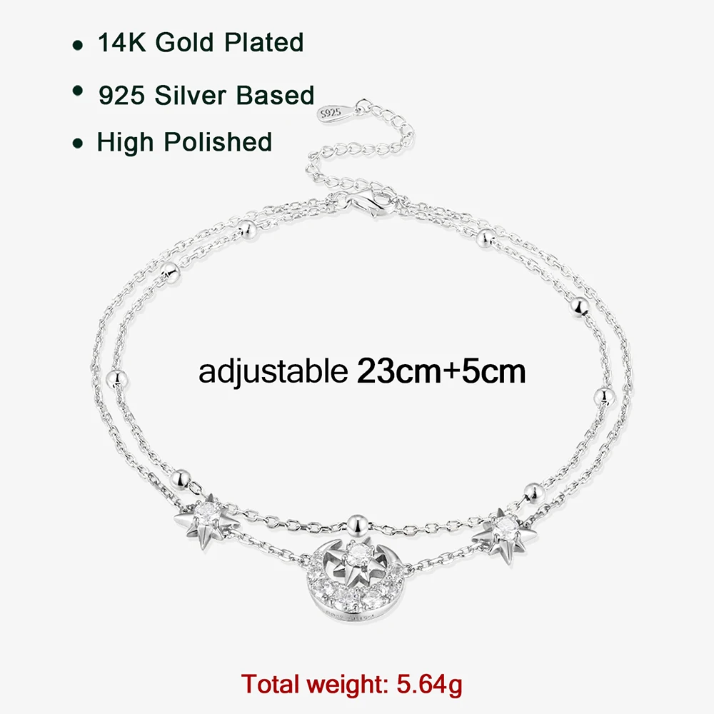 APIR Sparkling Moissanite Star Moon Anklet 925 Sterling Silver 23cm Adjustable Dainty Double Layer Foot Chain Beach for Women