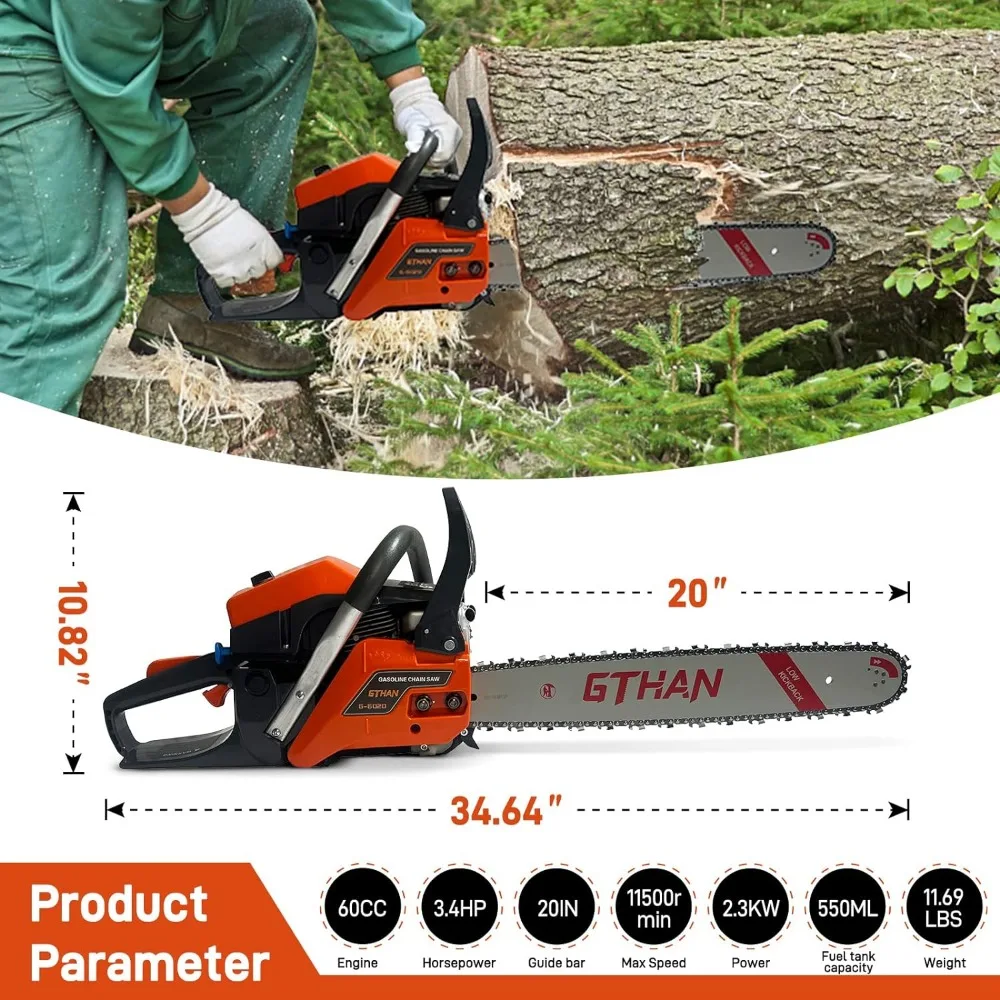 Gas Chainsaw 60cc 2-Cycle Gasoline Powered Chainsaws 20-Inch Professional Power Chain Saws For Forest Cutting Trees, Wood Garden