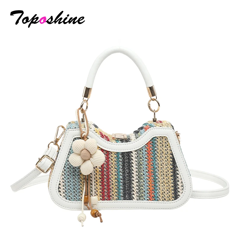 

Toposhine Summer Rainbow Woven Handbag for Women Mini Crossbody Straw Bag with Flower Charm Casual Beach Vacation Shoulder Purse
