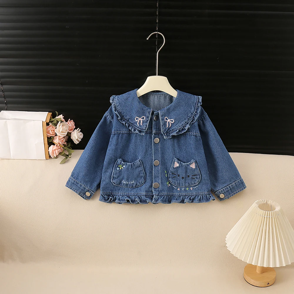 MILANCEL Autumn Kids Coat 1-6T Sweet Embroidered Cat Girls Denim Jacket Cute Bow Children Clothes Girls Tops