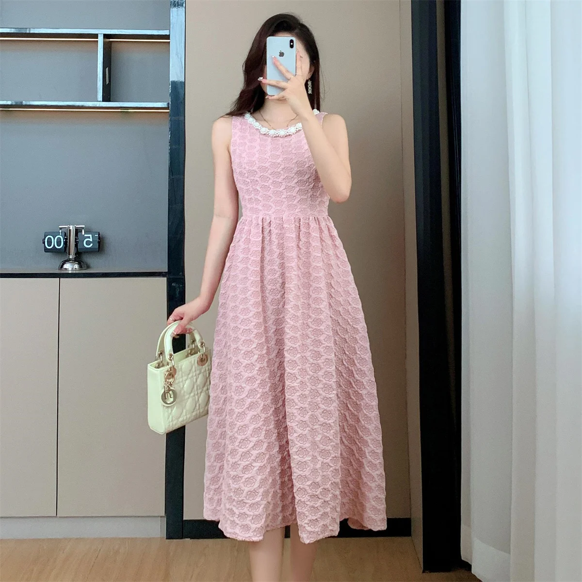 Elegant Pearl CHAIN สีชมพูชุดราตรีผู้หญิงฤดูร้อนดอกไม้ Jacquard ชุดราตรี MIDI ยาว Vestidos