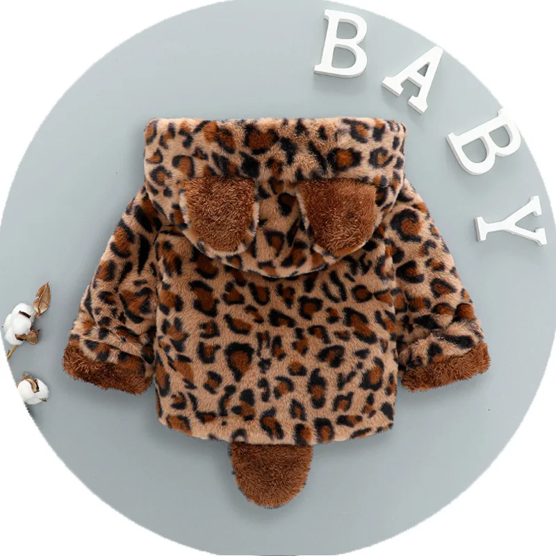 1 2 3 4 Years Plush Baby Jacket Leopard Print Christmas Princess Girls Coat Autumn And Winter Warm Hooded Outerwear Kids Clothes