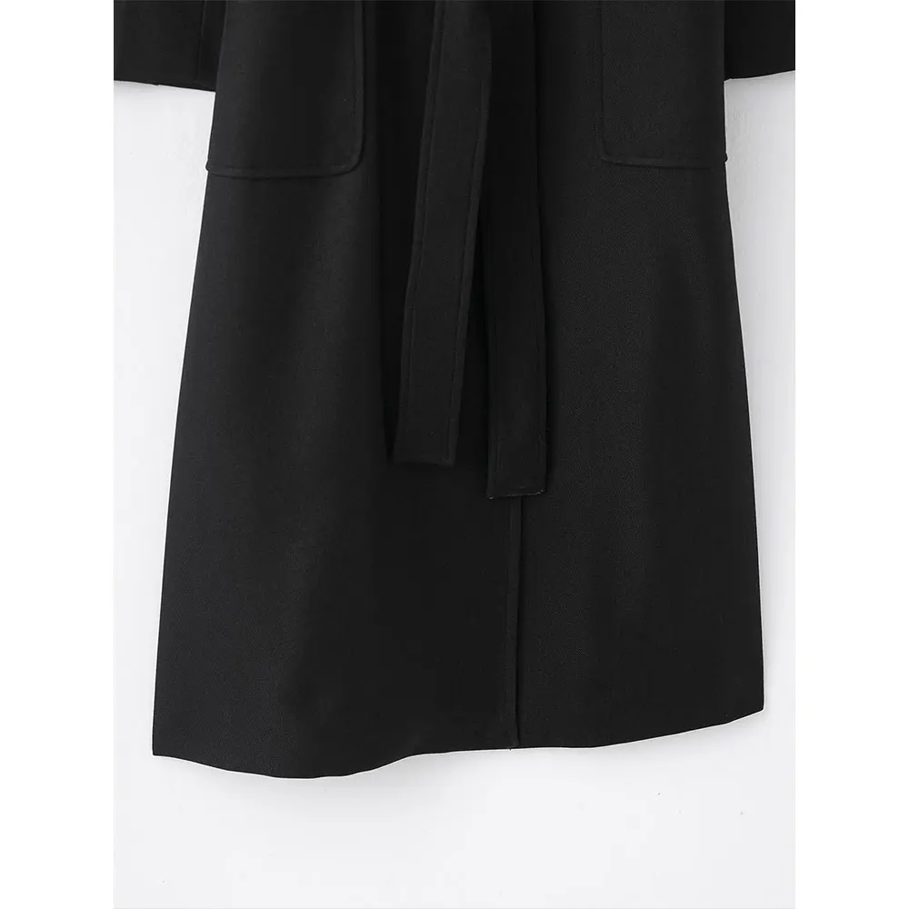 DUOPERI Fashion Wanita dengan Saku Sabuk Jaket Trench Hitam Kasual Kerah Lapel Lengan Panjang Wanita Elegan Chic Pakaian Wanita