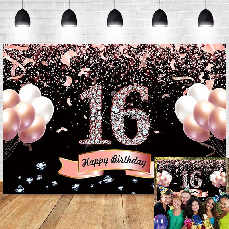 Sweet Rose Gold 16 Photo Backdrop Girls Boy Happy Birthday Party Sixteen Years Old Photograph Background Banner Decoration Prop