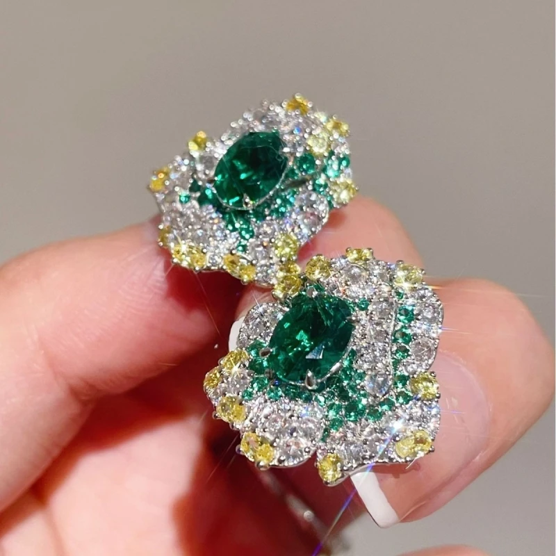 Bellux 925 Silver Gold Plated Carbon Diamond Zircon Muzo Green Oval Shaped Emerald Gems Rose Flower Secret Garden Girls Earrings