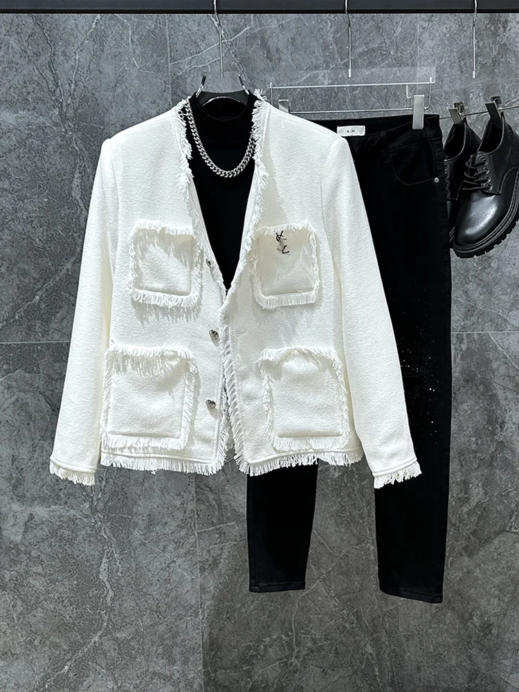 

White ort Quilted Jaet Korean Sle Fringed Hemline Spring Autumn Faionable Youth Casual Long Sve No Collar Outerwear