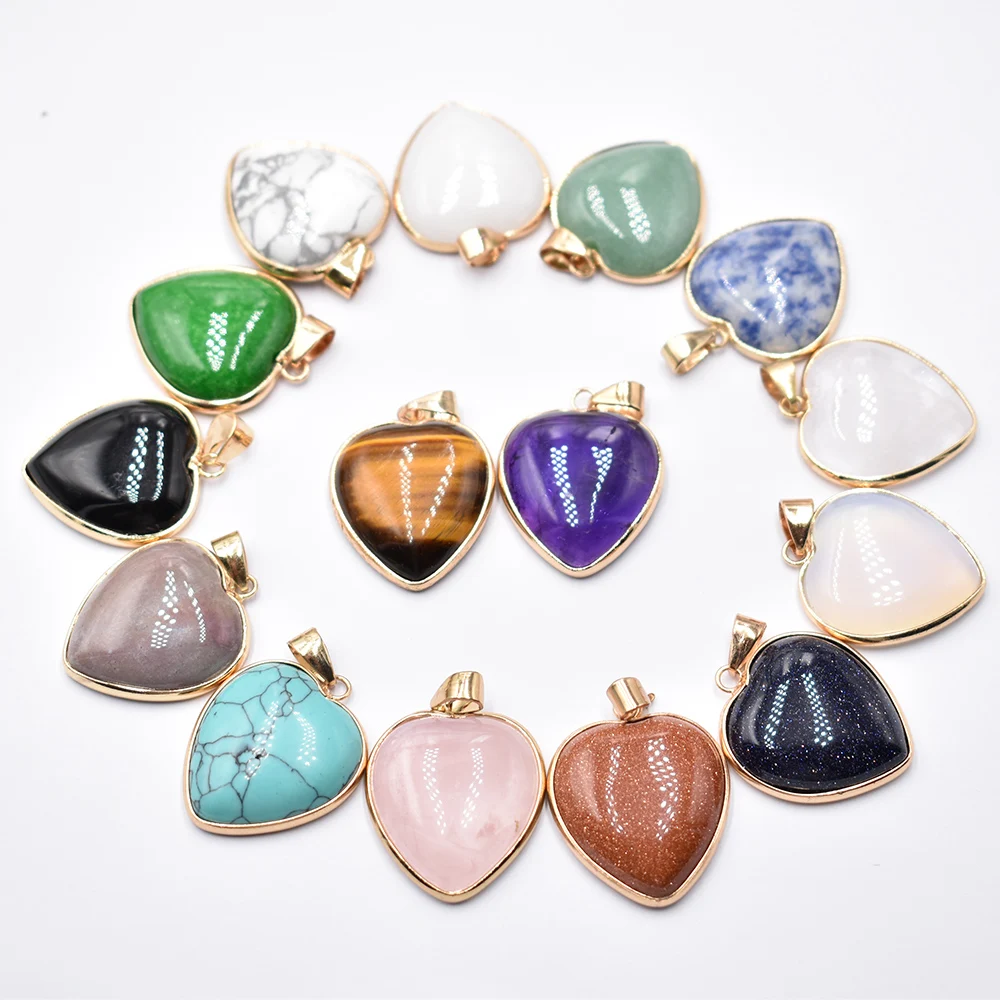 wholesale 15pcs/lot fashion good quality  natural stone mixed gold color lside heart pendants 25mm for jewelry making free