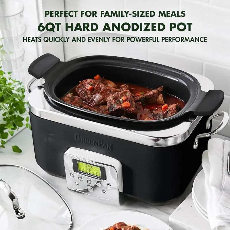 GreenPan  8-in-1 Programmable 6QT Electric Slow Cooker, Dishwasher Safe, PFAS-Free Healthy Ceramic Nonstick Multi-Cooker, Black