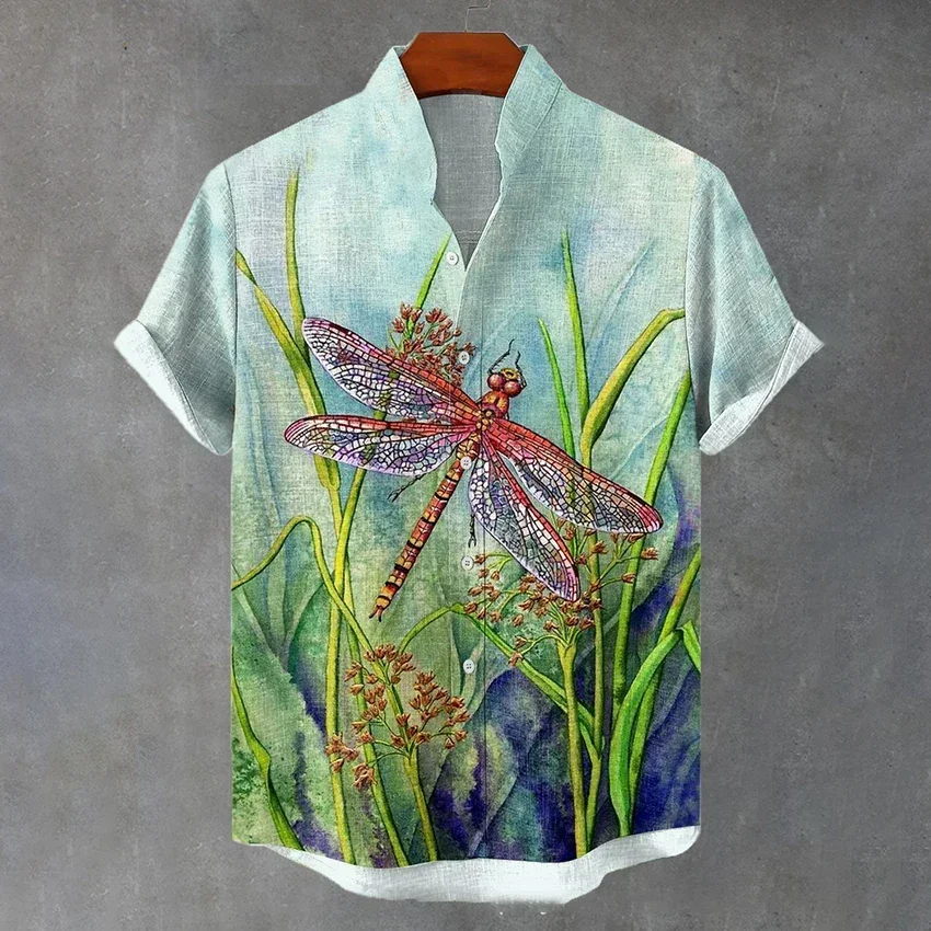 Camisa de cuello alto con estampado de pintura abstracta para hombre, top de manga corta a la moda de verano, talla grande, informal y cómodo