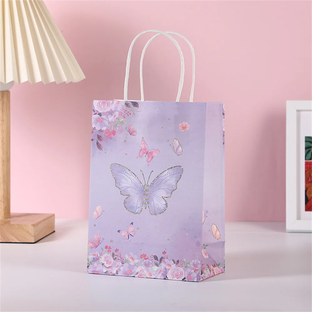 4Pcs Gift Paper Bags Butterfly Crown Castle Print Paper Tote Bags for Wedding Birthday Party Candy Cookies Packaging Decorations