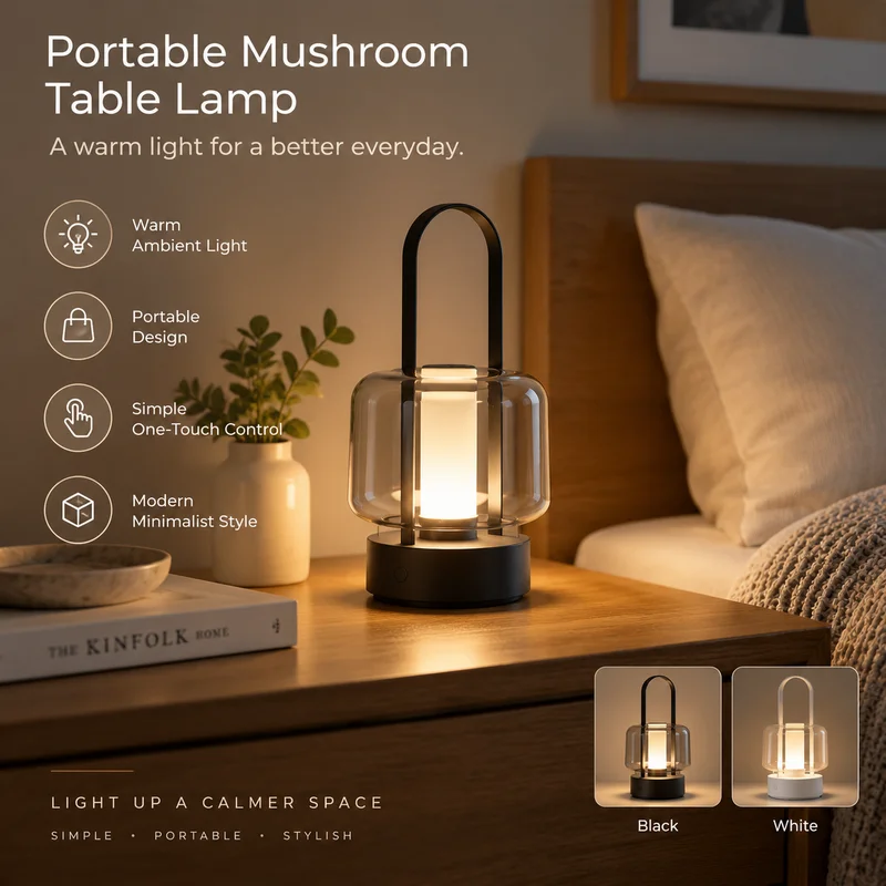 Portable Table Lamp, Modern Glass Handheld Night Light, Dimmable Touch Control, Warm Glow for Bedroom, Cafe, Gift, Bedside Light