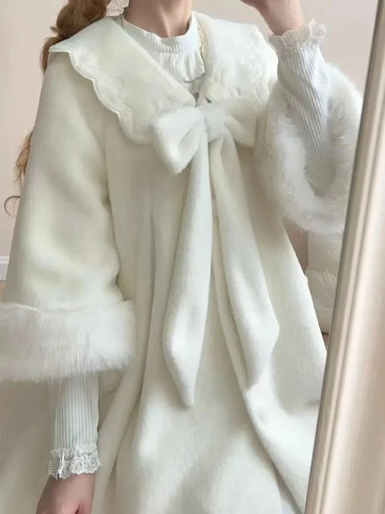 

Рождественско-зимнее японское пальто из искусственного меха, женское дизайнерское длинное винтажное пальто с кавайным бантом, вечерние теплые куртки в стиле Лолиты