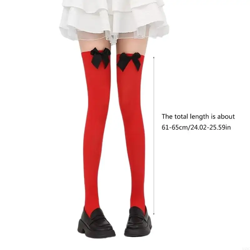 L5YC altas hasta muslo rojas para mujer con lazo, navideñas por encima rodilla, disfraces Halloween,