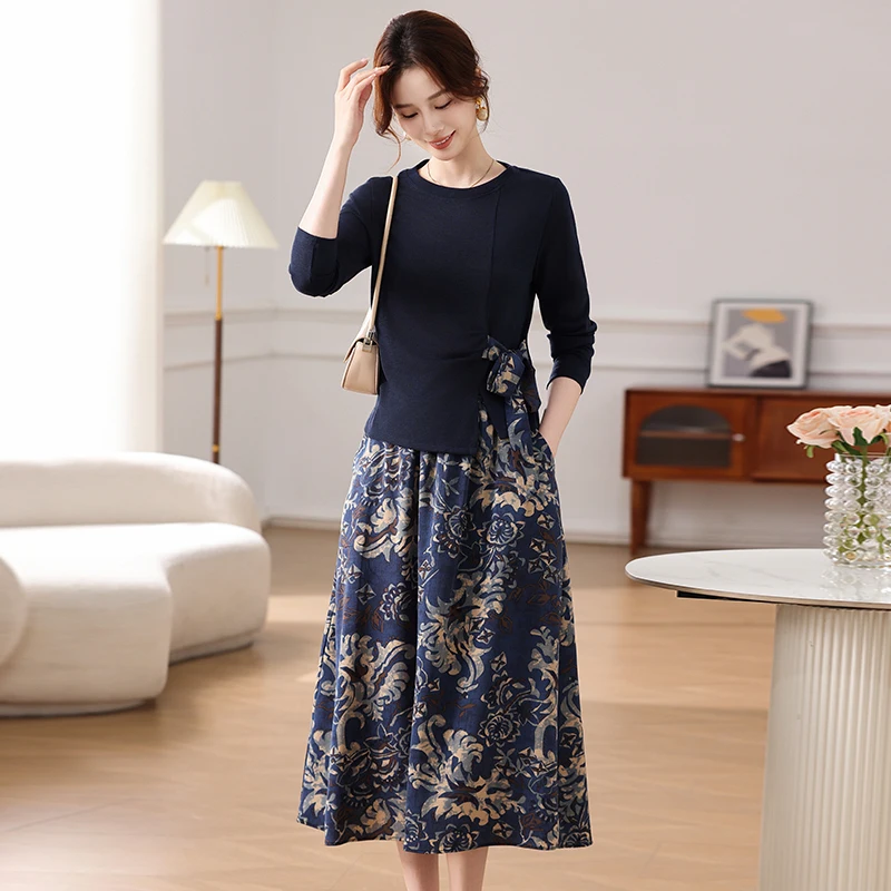 

Ele Mid-Aged Women Spring Faion f-Skirt Set Two-Piece Suite Consisting of a irt And Skirt Suitable for Casual Wear