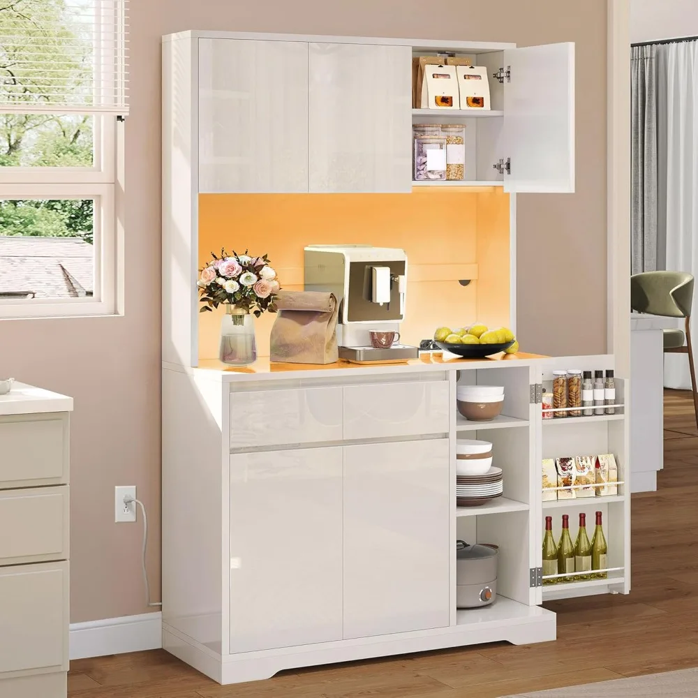 

71''Tall Kitchen Pantry Storage Cabinet, Modern Buffet Cabinets with Hutch, Kitchen Hutch with Outlet, Large Food Pantry Cupboa