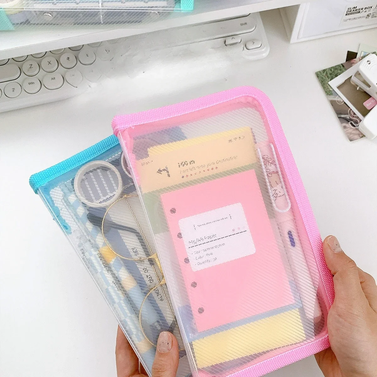 A6 Transparent Diagonal PP Zipper Bag Sticker StationeryAccessories Storage Bbag File Sorting Bag Small Card Photo Storage