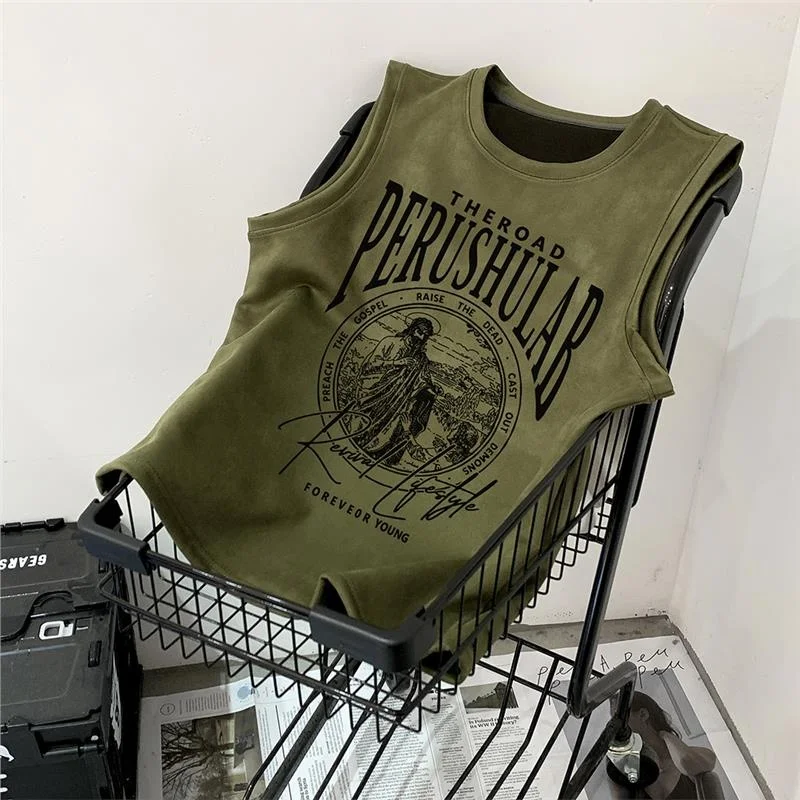 

Loose Fit American High Street Suede Vest Svel T-irt ex Summer Trendy Brand Spor oulder Pad Youth Faion